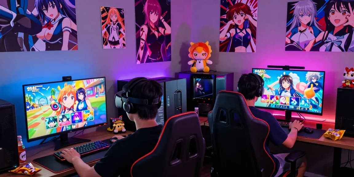 Engaged gamers immersed in playing diverse hentai games in a colorful anime-themed gaming room.