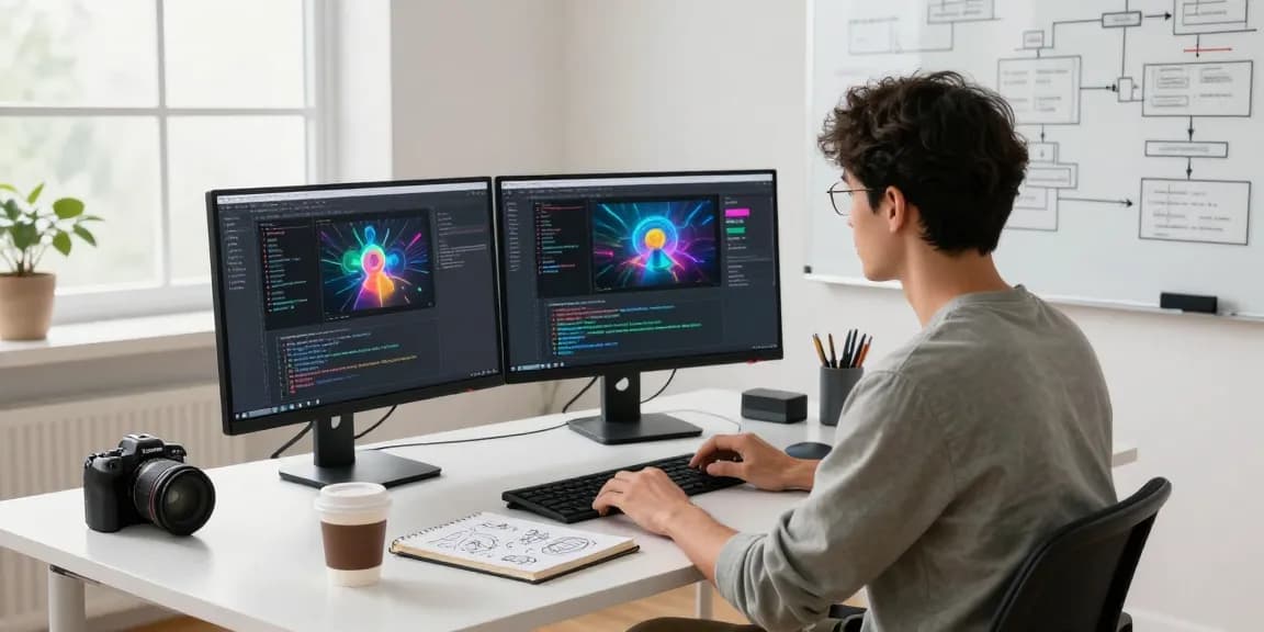 Developer using generative AI in a modern tech workspace with dual monitors and creative setup.