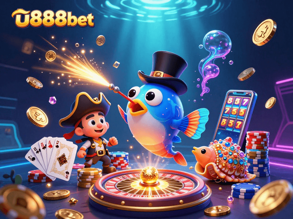 Experience the excitement of u888bet with a vibrant scene featuring an anglerfish, pirate shrimp, and gem snail amidst golden coins and casino elements.