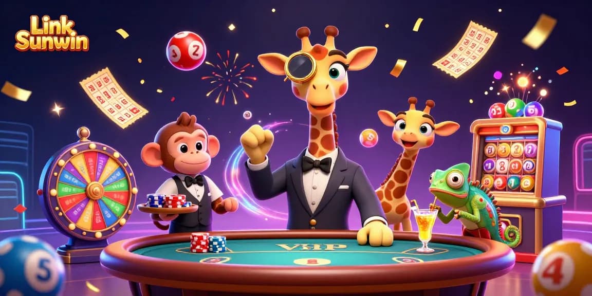 Link Sunwin showcases a vibrant scene of gambling excitement with a giraffe, monkey, and chameleon in celebration.