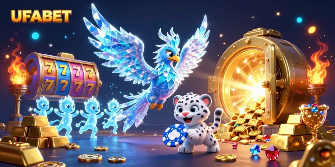 Experience the thrill of UFABET with an enchanting scene featuring a phoenix and a snow leopard cub amidst casino treasures.