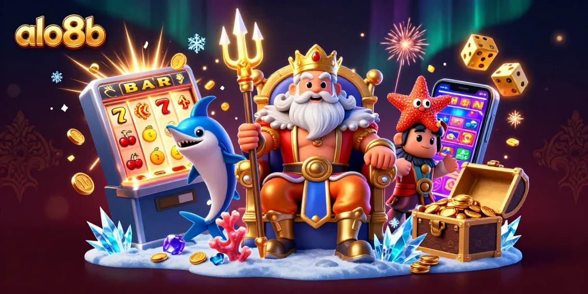 Experience thrilling wins at alo8b with a 3D casino illustration featuring Neptune and slots bursting with coins.