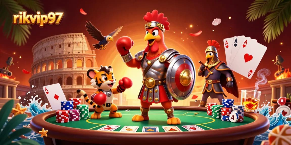 Experience the thrill of rikvip97 with vibrant gladiators and poker action in an arena.