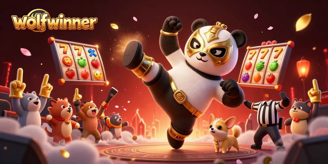 Experience exciting gameplay at wolfwinner with a vibrant 3D casino scene featuring panda and fruity slots.