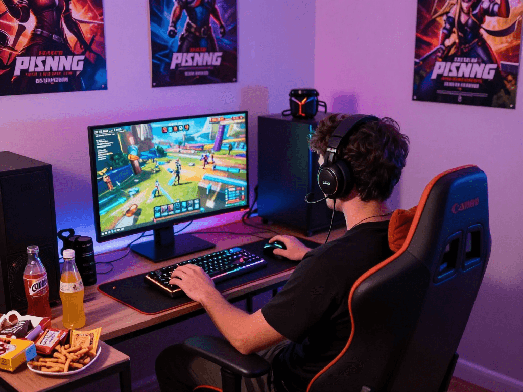 Engaging gaming moment featuring a porngame setup with ambient lighting and gaming accessories.