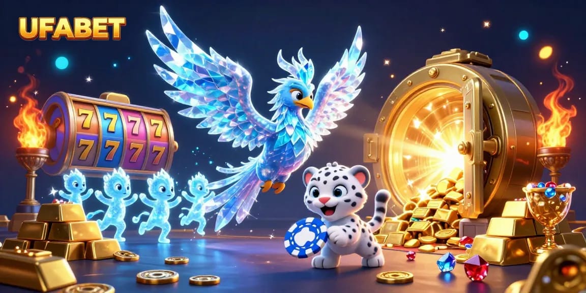 Experience the thrill of UFABET with an enchanting scene featuring a phoenix and a snow leopard cub amidst casino treasures.