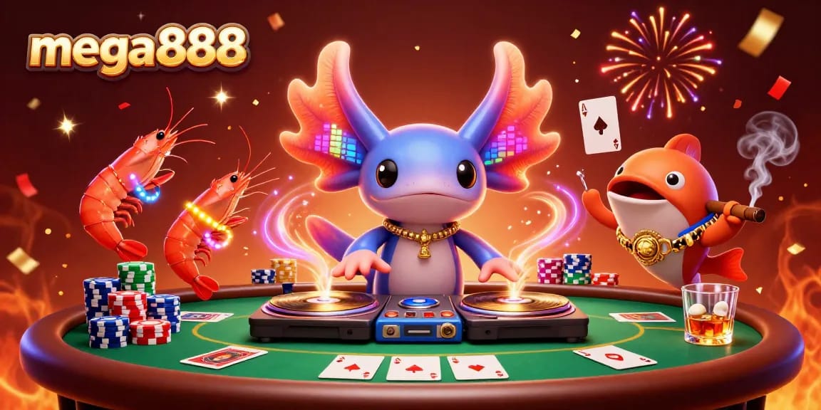 Mega888 dan permainan slot dalam talian yang menarik, dengan suasana yang ceria dan berwarna-warni.