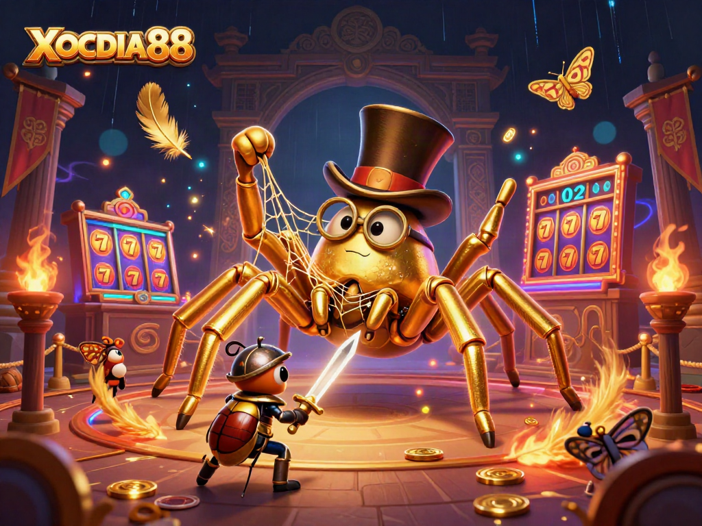 Engage with XOCDIA88 in a vibrant casino scene featuring golden tarantula and daring knight.