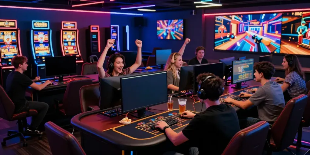 Exciting gaming lounge with players celebrating at TX88 online platform, showcasing diverse casino games.