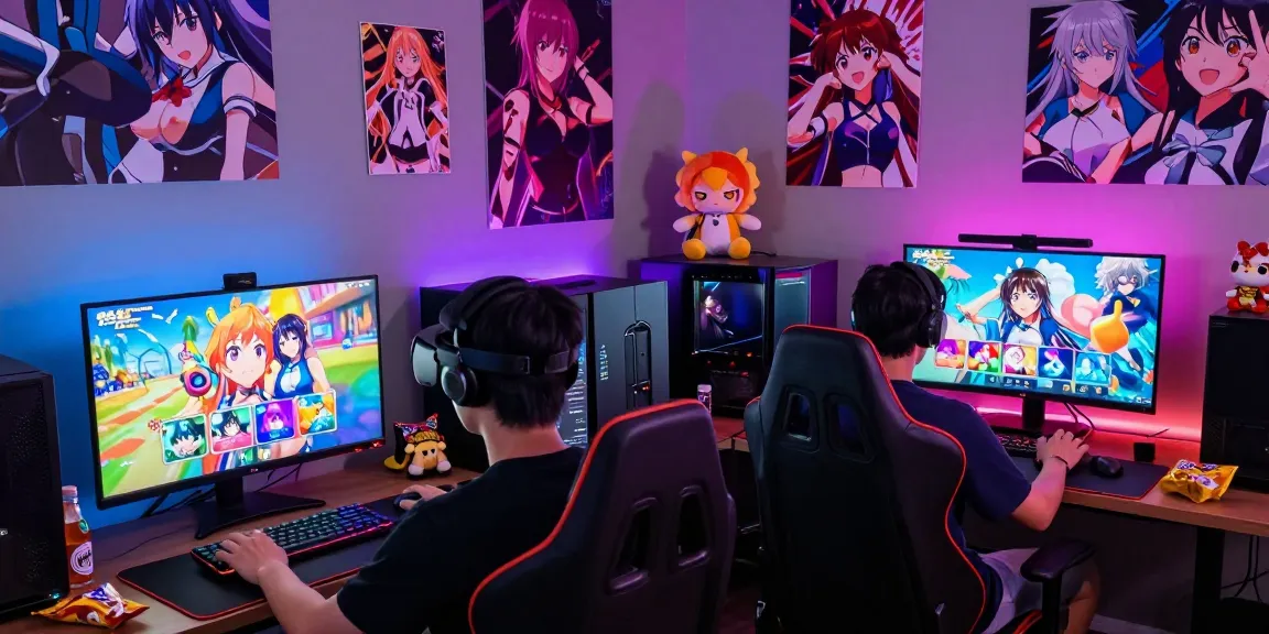 Engaged gamers immersed in playing diverse hentai games in a colorful anime-themed gaming room.