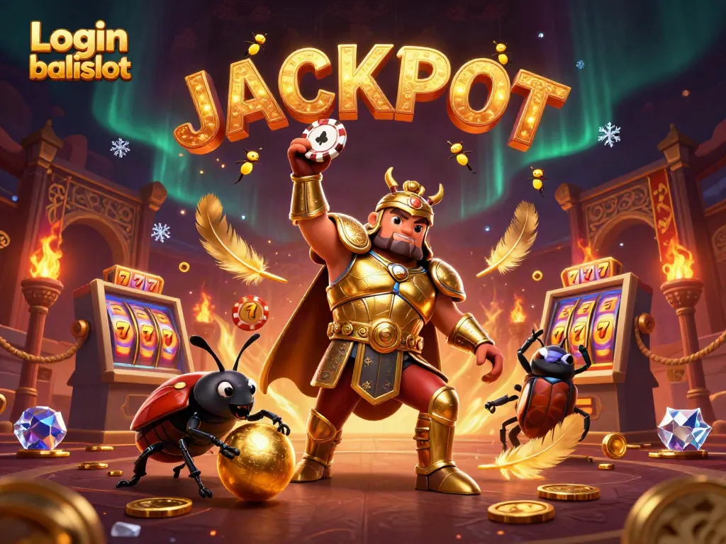 Experience the excitement of Login balislot with a victory pose illustration featuring a beetle in gladiator armor and vibrant casino elements.