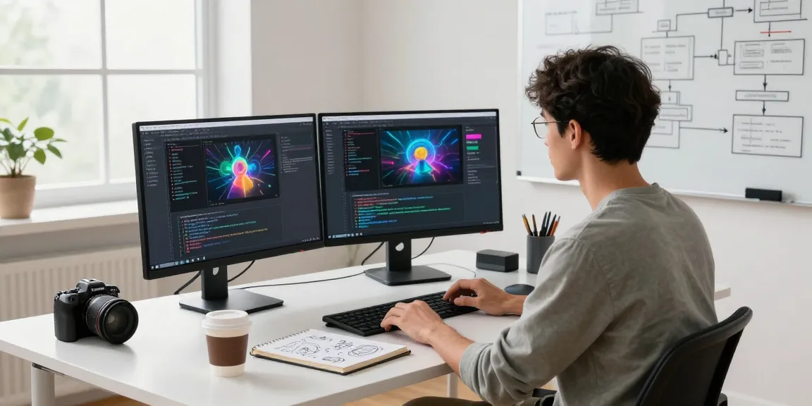 Developer using generative AI in a modern tech workspace with dual monitors and creative setup.
