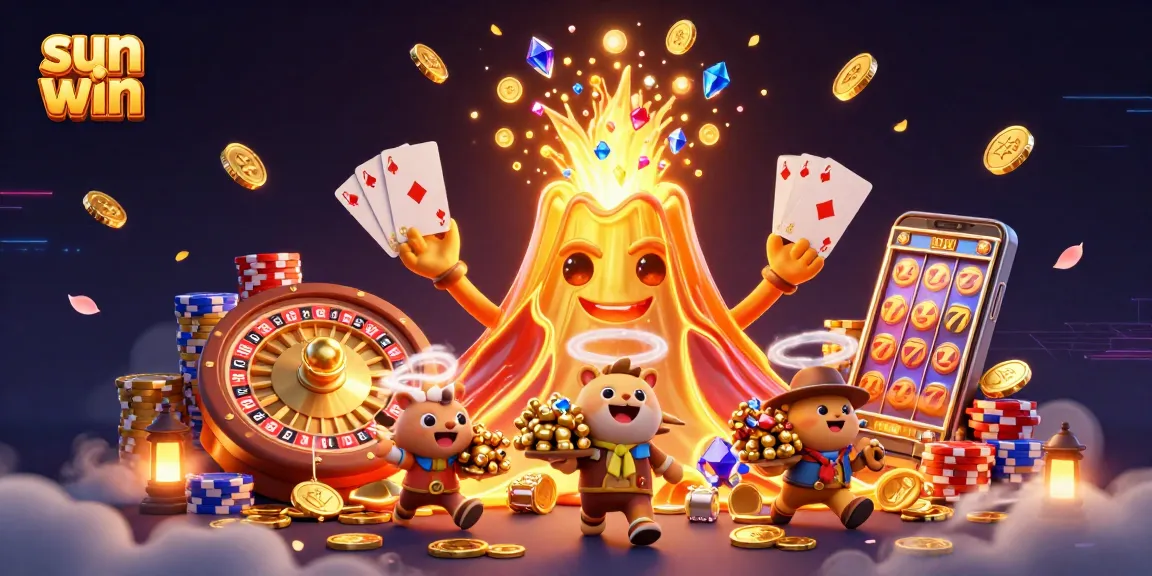 Win big at sun win with vibrant 3D illustration of treasure-laden characters and dynamic casino elements.