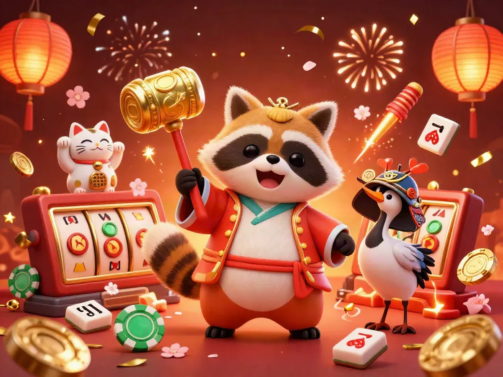 Engaging scene depicting the joyful tanuki and friends celebrating at Zowin casino with vibrant gambling elements.
