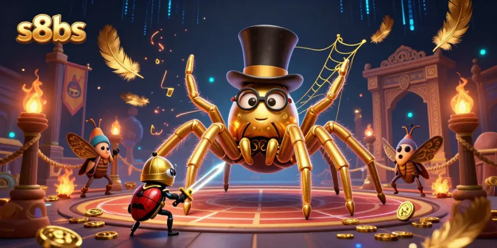 Engaging s8bs casino illustration with a golden tarantula, beetle knight, and dramatic gaming elements.
