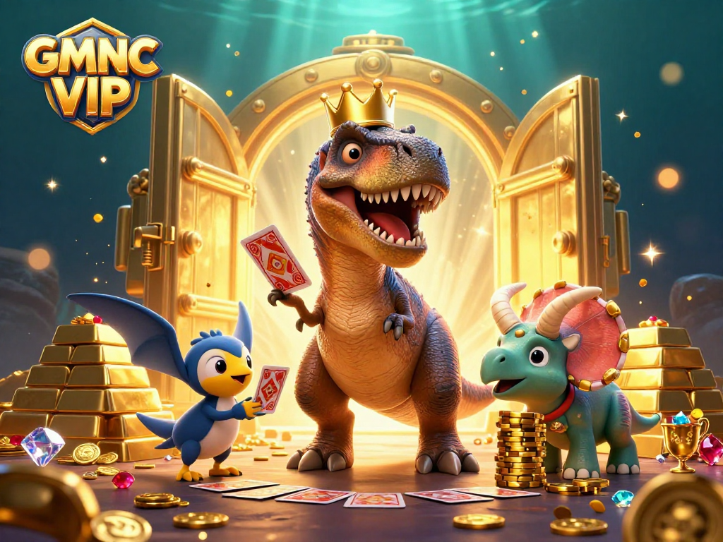 Stack golden chips with the help of GMNC VIP while fun characters play cards and unveil treasures.