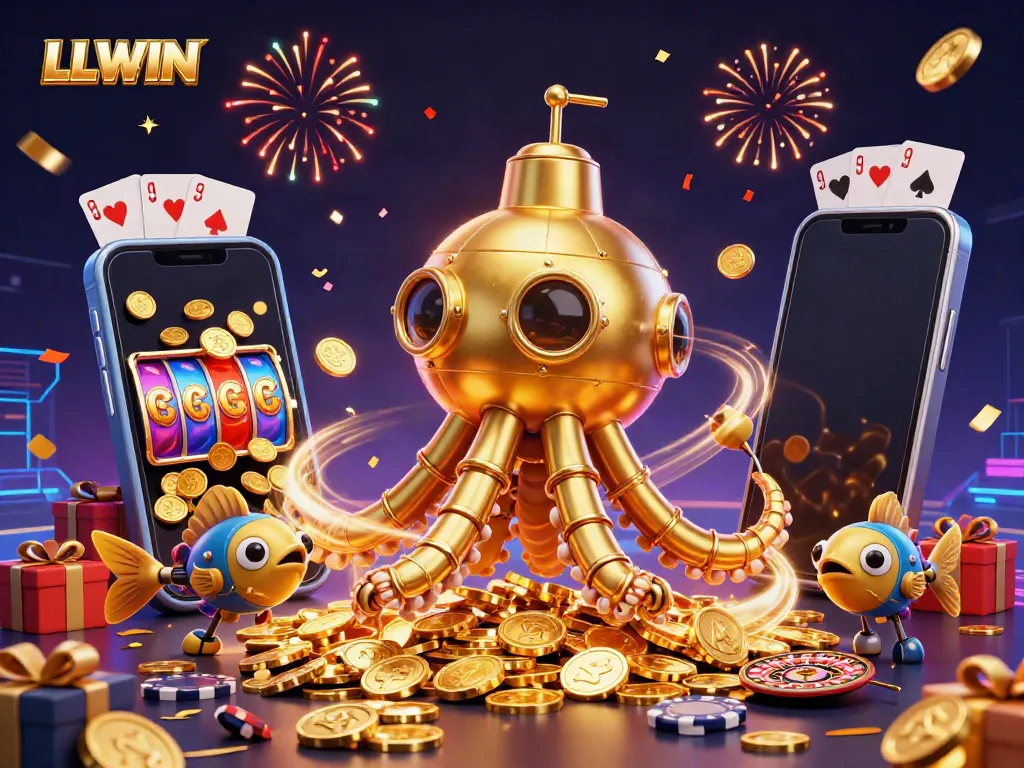 Experience thrilling excitement at LLWIN with a golden kraken submarine and cash-filled treasures, showcasing dynamic gameplay.