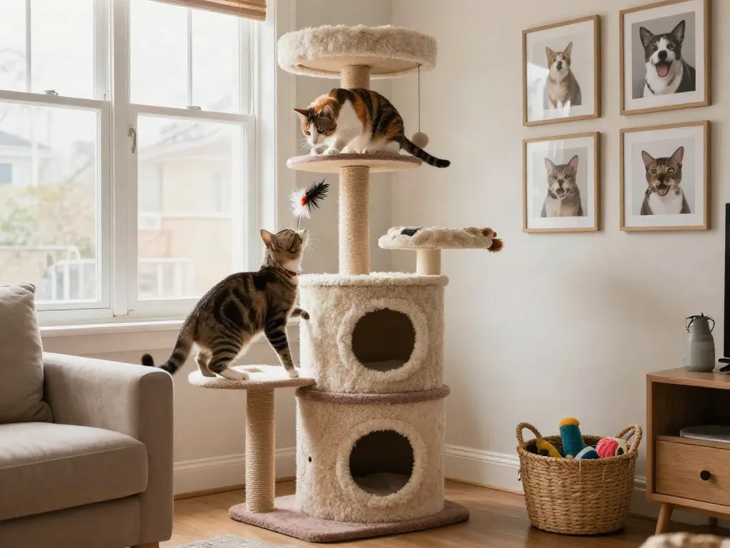 Two playful cats on a stylish cat tower cat tree in a cozy living room.