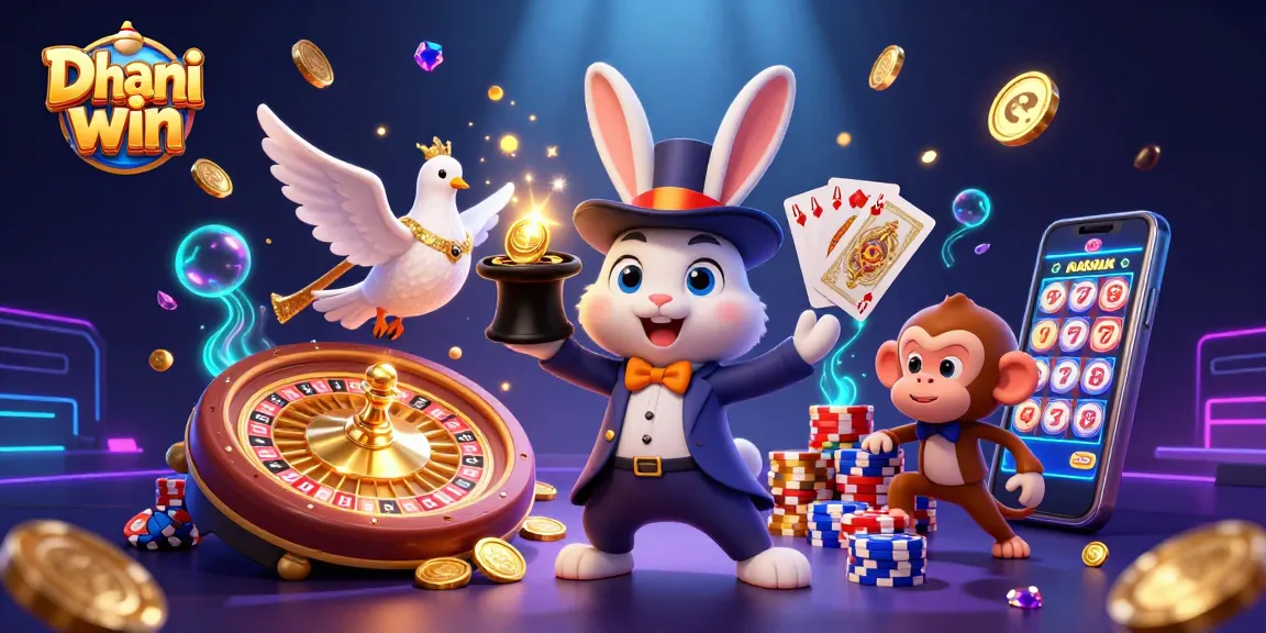 Dhani win platform showcases a vibrant 3D scene with characters engaged in casino games, featuring golden coins and poker chips.