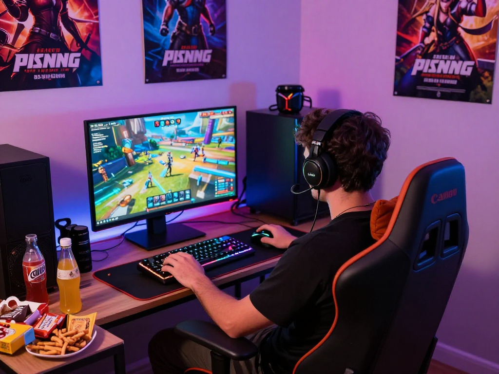 Engaging gaming moment featuring a porngame setup with ambient lighting and gaming accessories.