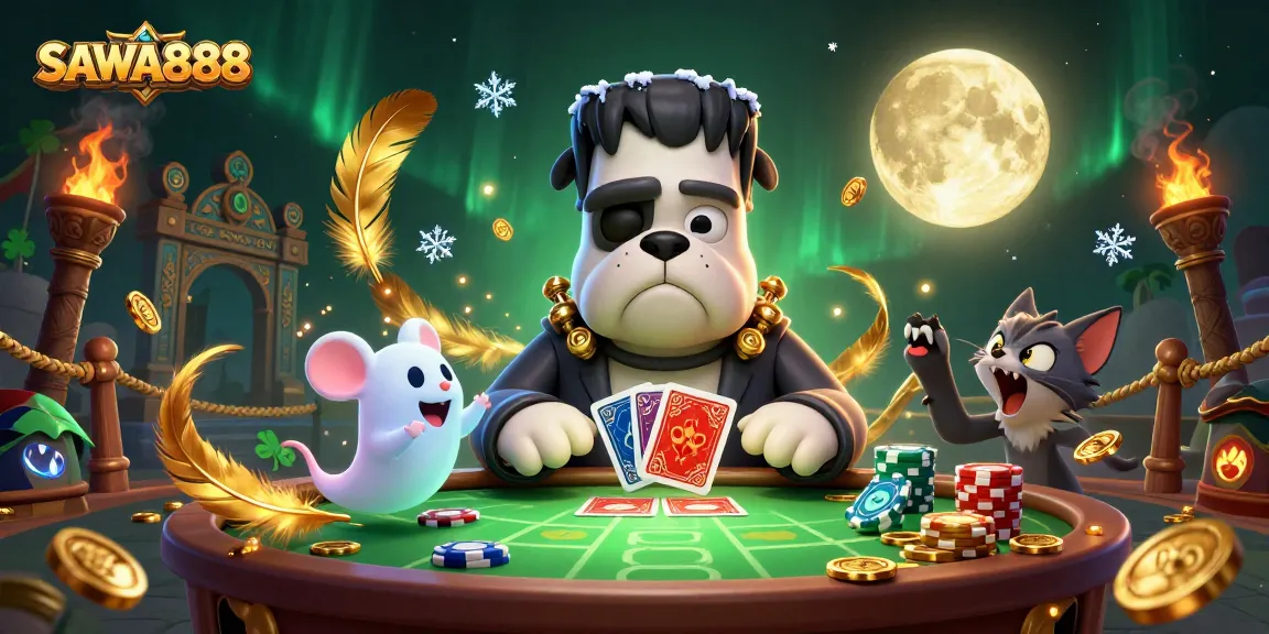 Engage in thrilling gameplay at SAWA888 with a whimsical scene featuring a Frankenstein bulldog, a ghost mouse, and a werewolf kitten.