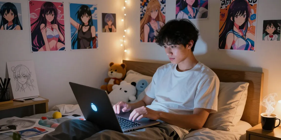 Engaging ecchi ai conversation in a cozy bedroom setting with a young adult male and vibrant AI chatbot on the laptop.