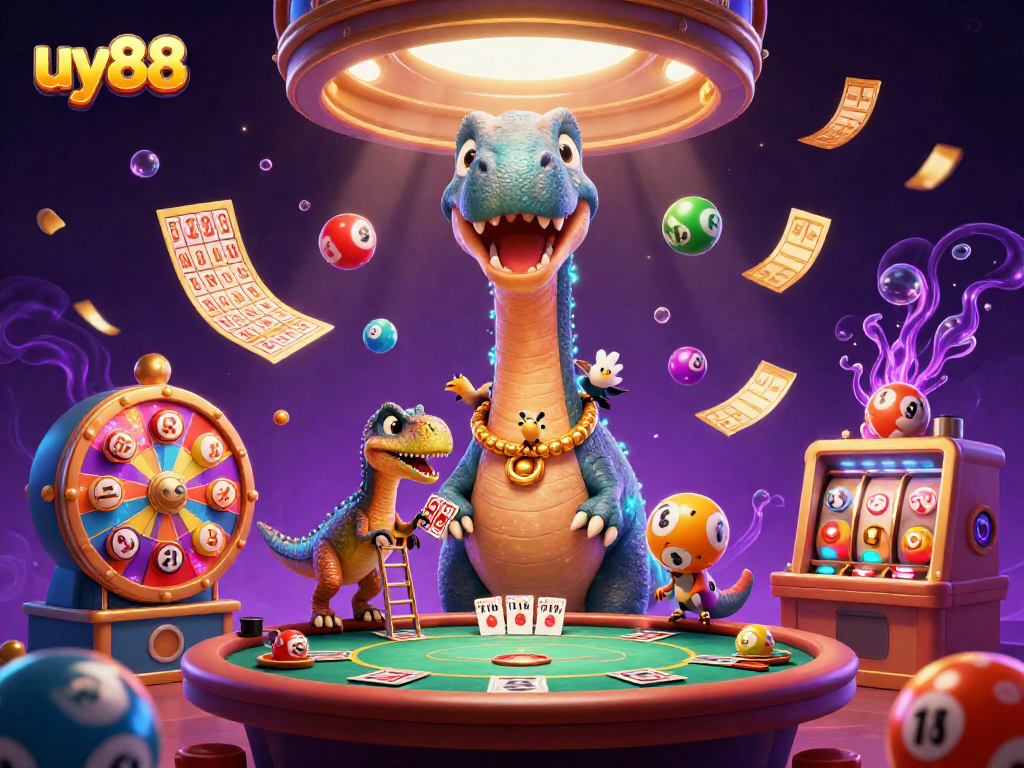 uy88 - Engaging 3D casino scene with dinosaurs and vibrant gaming elements.