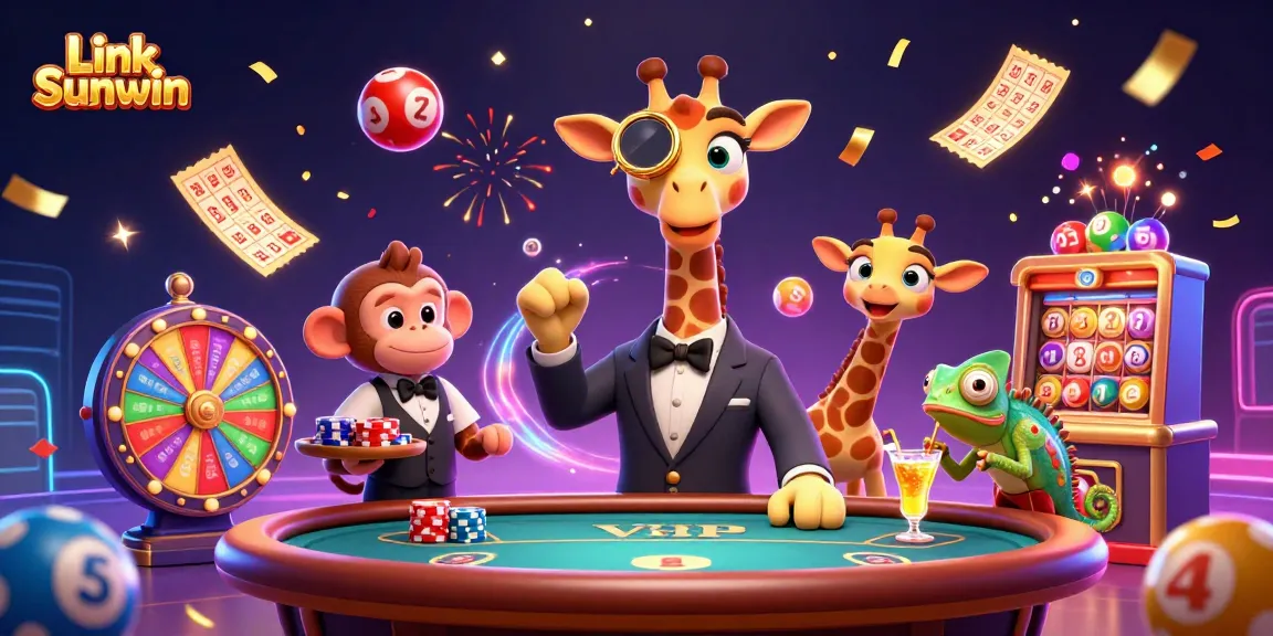 Link Sunwin showcases a vibrant scene of gambling excitement with a giraffe, monkey, and chameleon in celebration.