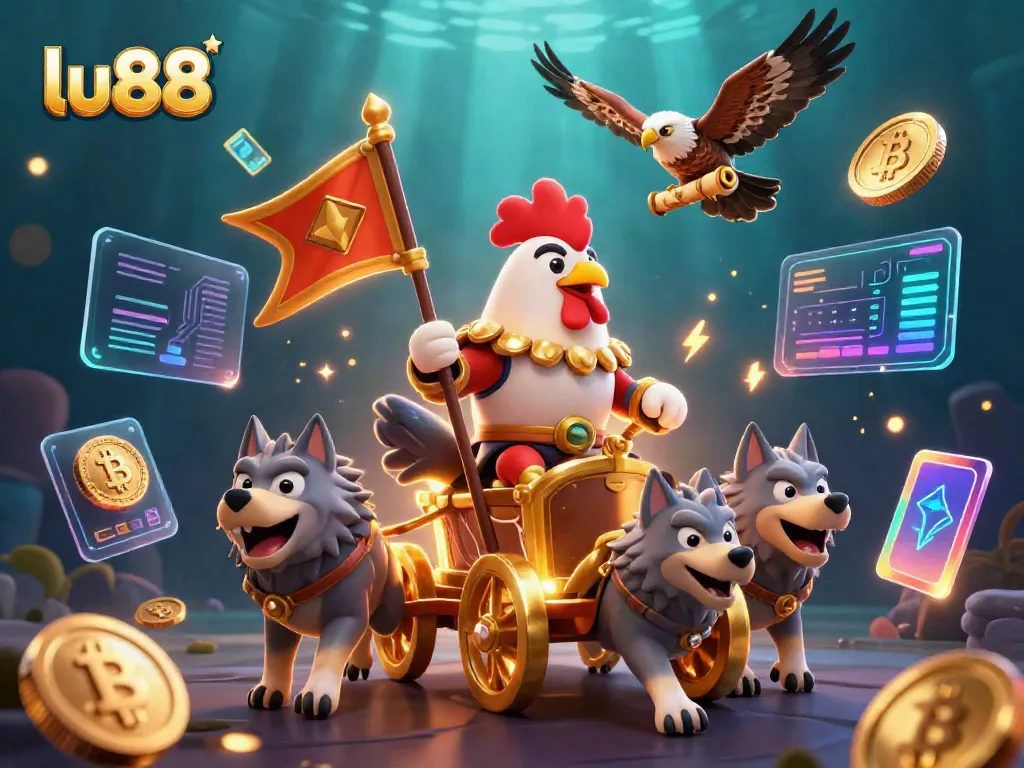 Experience the thrill of lu88's gaming world with a dynamic 3D scene featuring a rooster warlord, crypto coins, and engaging game elements.