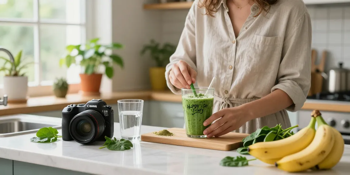 Happy Go Leafy's green elephant kratom powder being added to a refreshing smoothie in a bright kitchen.