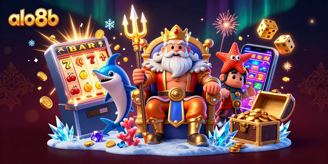 Experience thrilling wins at alo8b with a 3D casino illustration featuring Neptune and slots bursting with coins.