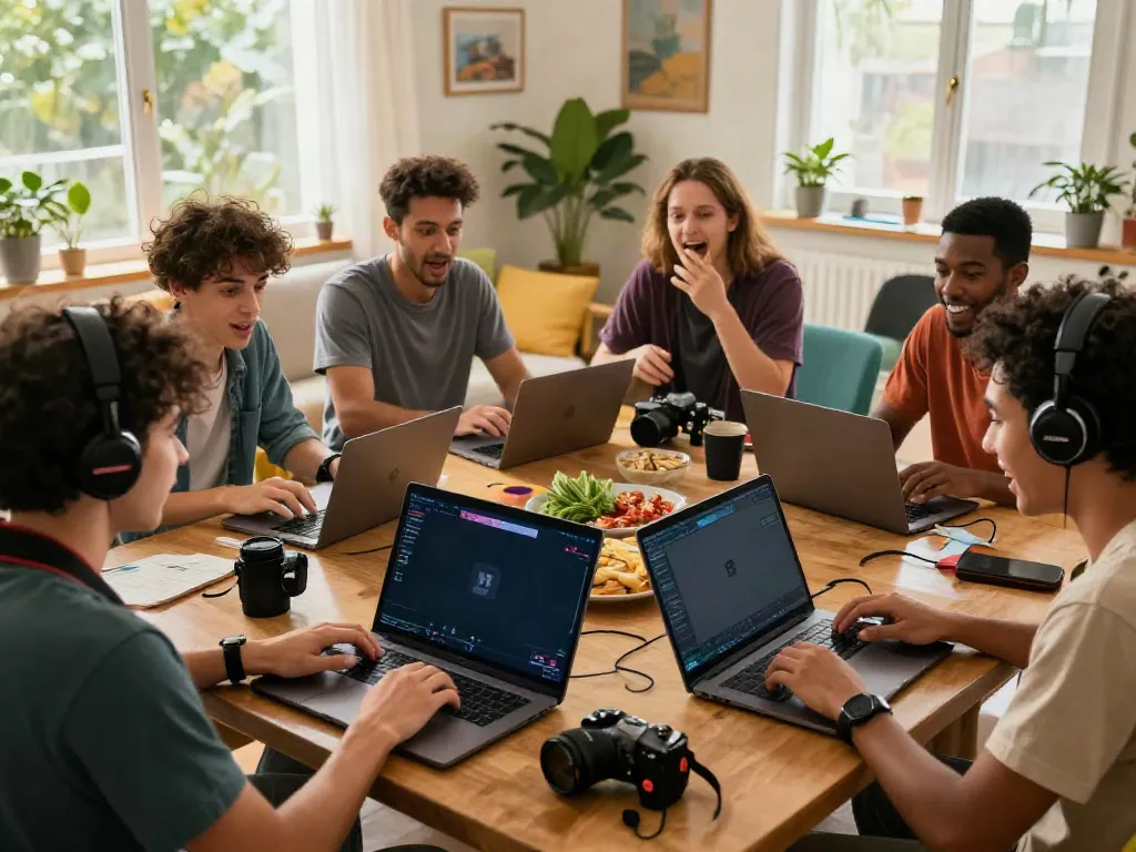 Friends enjoying online gaming experience on nhà cái debet platform in a cozy living room.