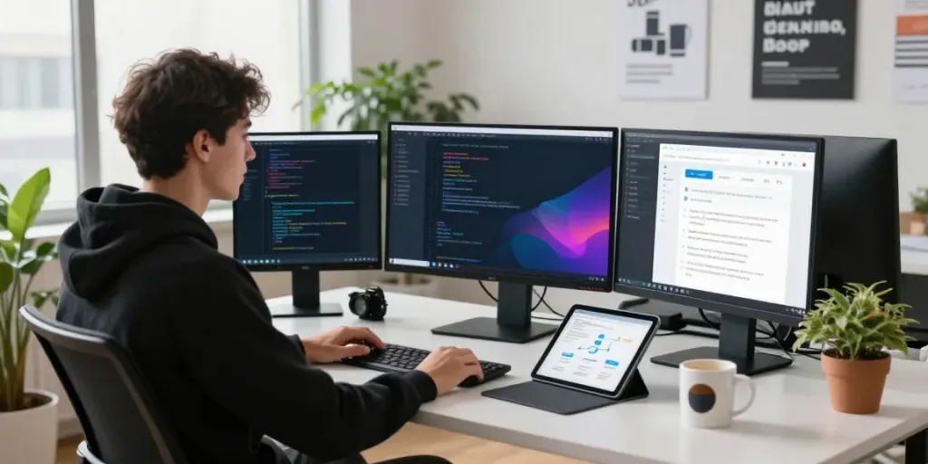 Web developer optimizing instant indexing on multiple screens in a modern workspace