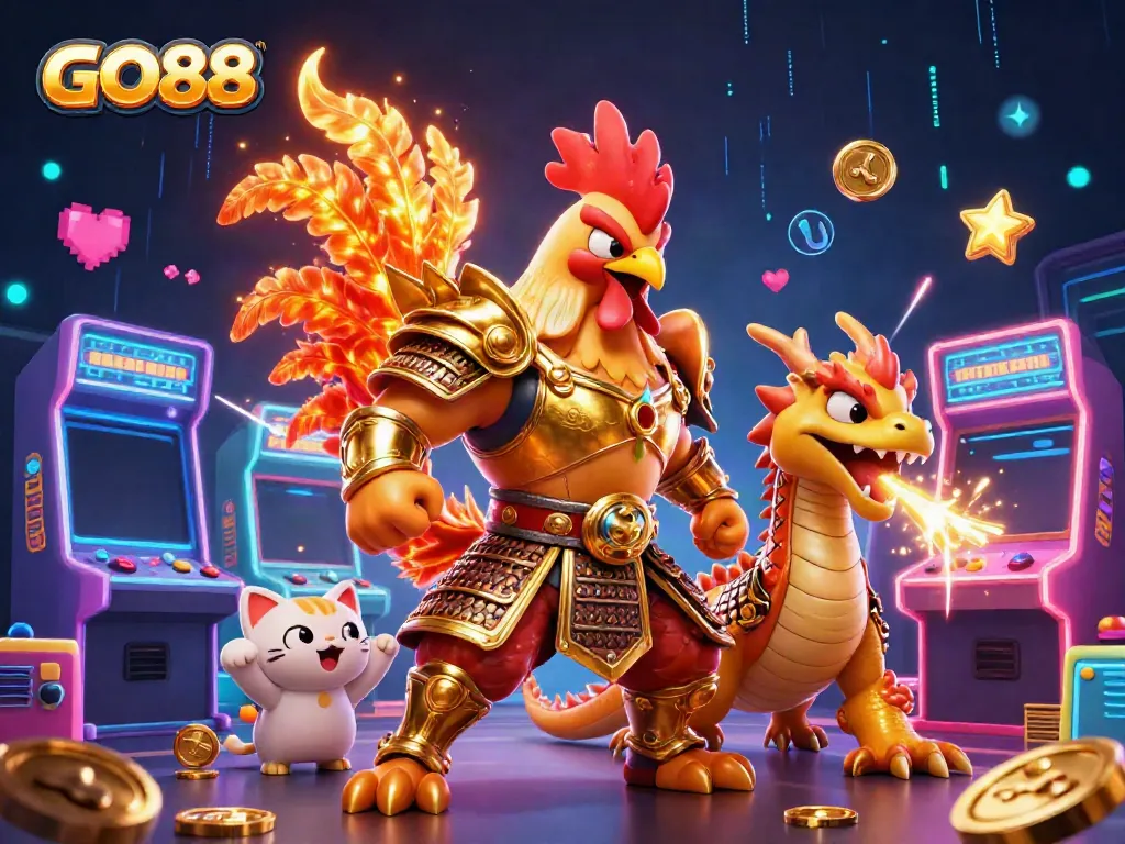 Experience exciting gameplay with GO88's electrifying casino scene featuring a battling rooster warrior and dragon hatchling.