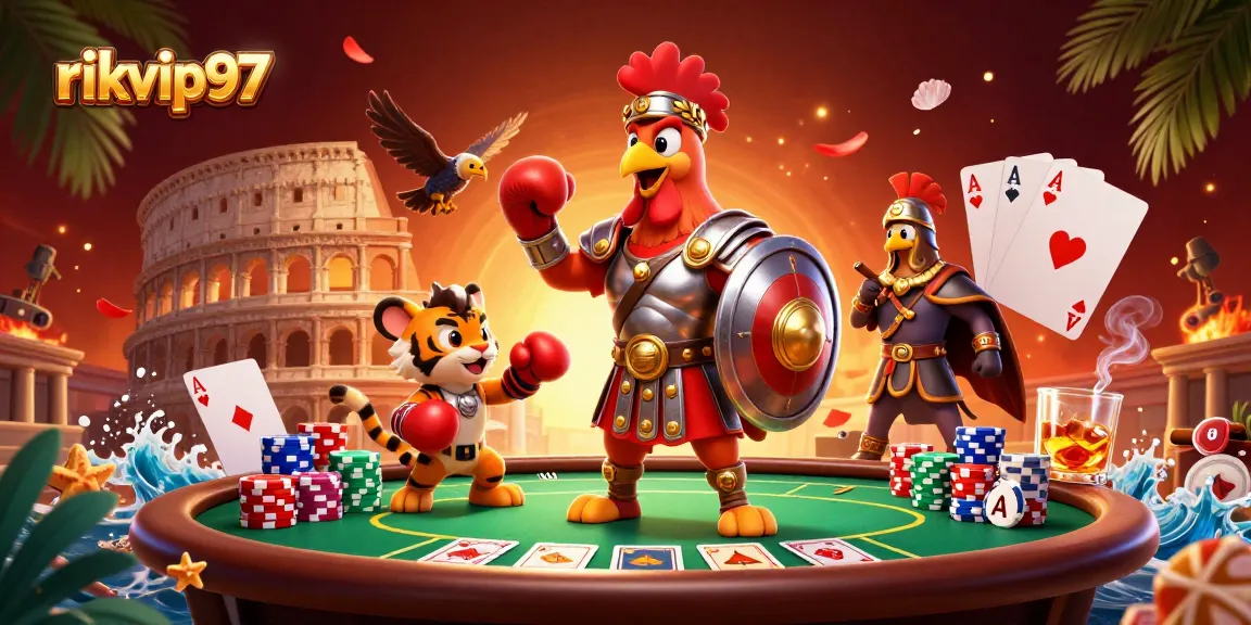 Experience the thrill of rikvip97 with vibrant gladiators and poker action in an arena.