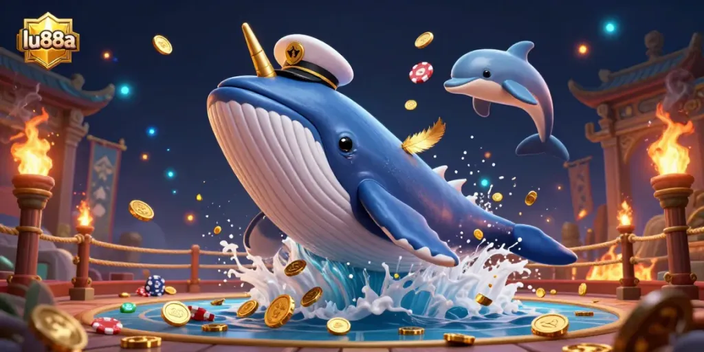 Join the gaming excitement at lu88a with a vibrant illustration of a whale and friends amidst a sea of coins.