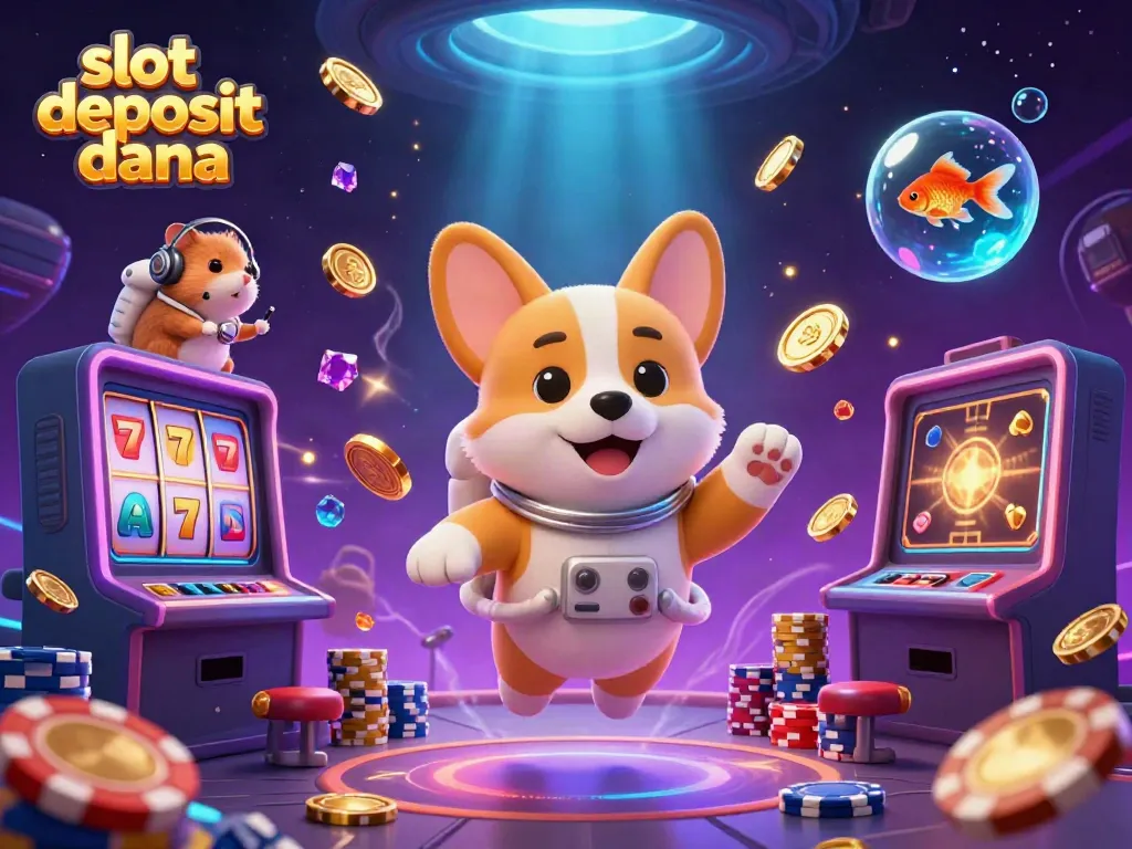 Cascading golden coins and characters representing slot deposit dana in a dynamic casino scene.