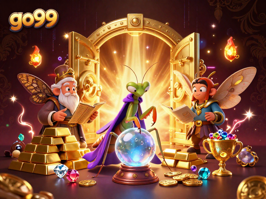 Experience thrilling gameplay at go99 with a vibrant 3D scene featuring fortune tellers and treasures.