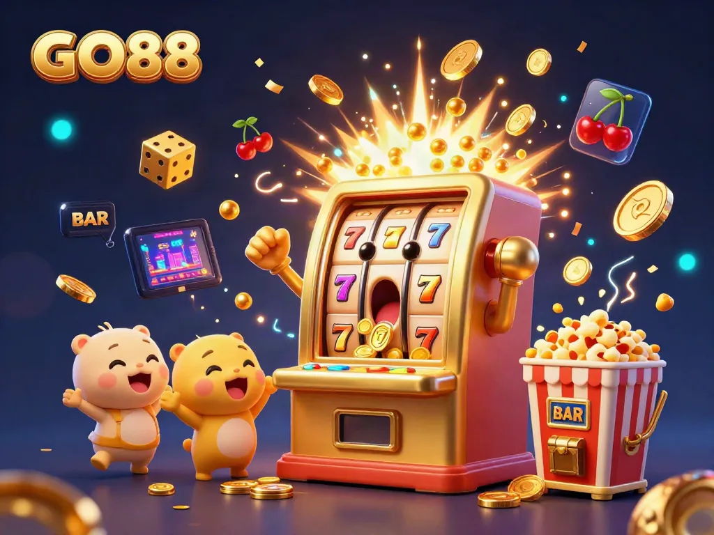 GO88 celebrates a jackpot win, showcasing golden coins pouring from a slot machine amidst a vivid casino scene.
