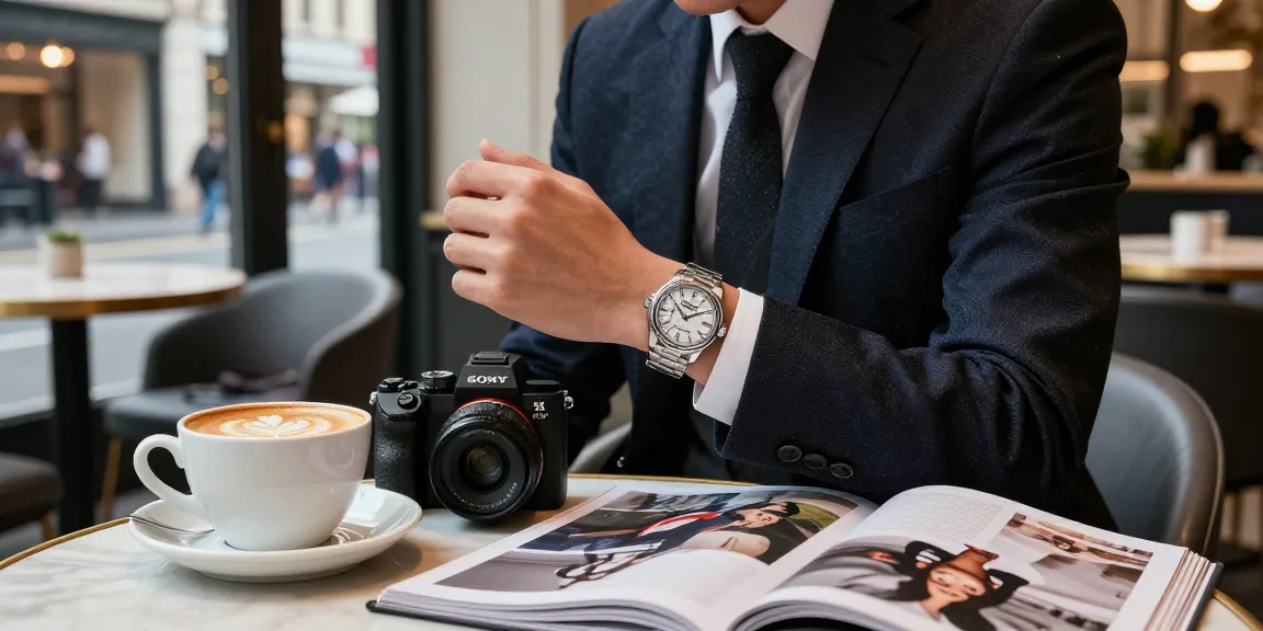 Individual admiring a luxury clone watch in an elegant café.