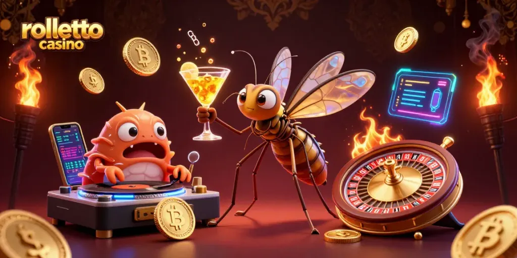 Experience gaming thrills at rolletto casino with vibrant casino elements and crypto motifs.