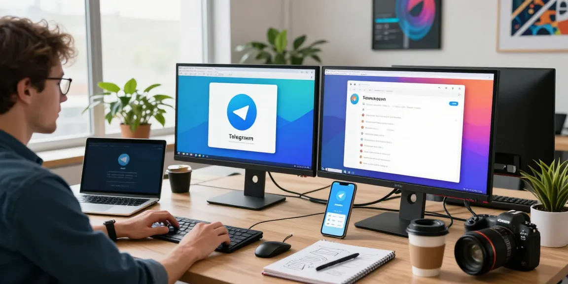 Explore Telegram下载 installation on multiple devices in a modern workspace with vibrant tech elements.