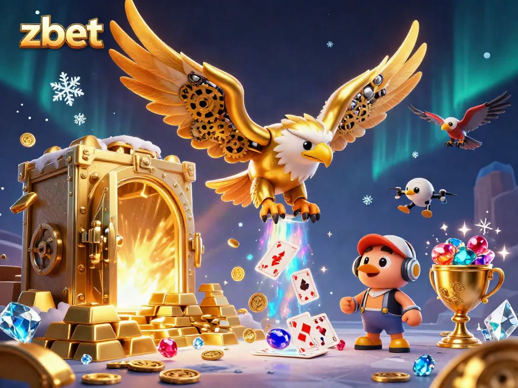 ZBET showcases a dynamic scene with a golden eagle diving through holographic cards amidst treasure and gems.