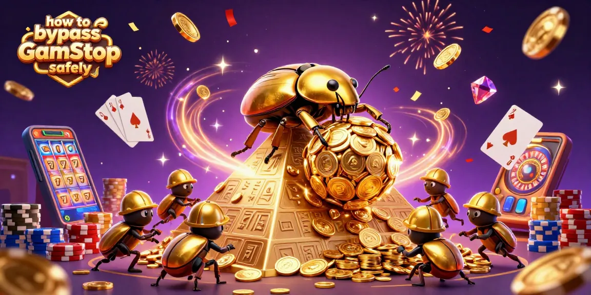 Experience how to bypass GamStop safely with a dynamic scene featuring golden beetles, casino symbols, and vibrant game elements.