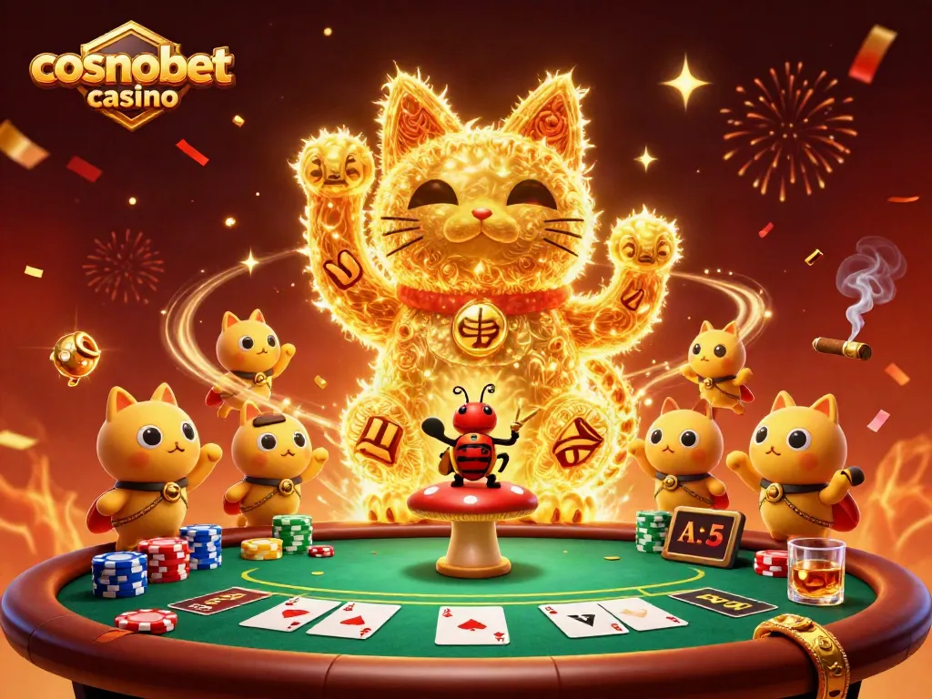 Experience the excitement of cosmobet casino with a vibrant 3D illustration of a lucky cat among poker chips and cards.