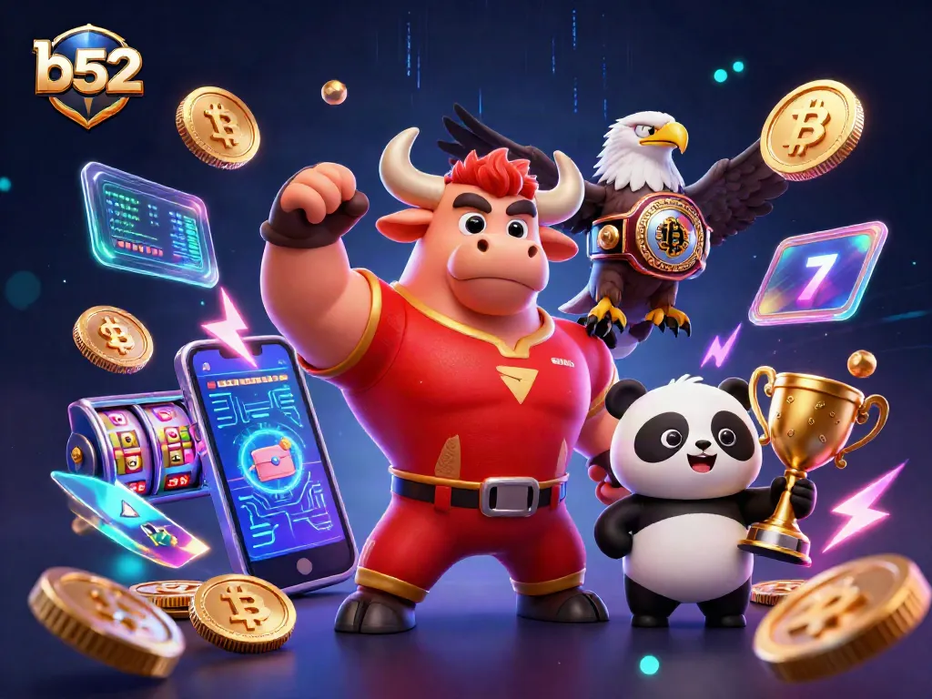 B52 casino characters celebrate with coins, showcasing jackpot excitement in a vibrant atmosphere.