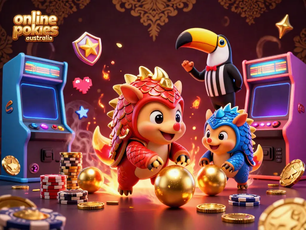 Rival pangolins rolling golden balls through poker chips in a vibrant online pokies australia casino scene