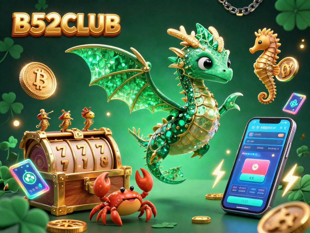 B52CLUB entices gamblers with a vibrant 3D illustration featuring a sea dragon, slot machines, and crypto coins.