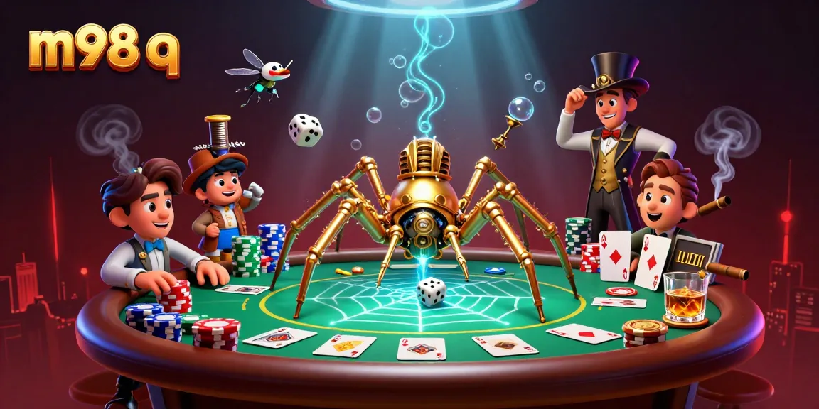 Experience thrilling gameplay with m98 q in this vibrant 3D casino scene featuring a golden spider and poker elements.
