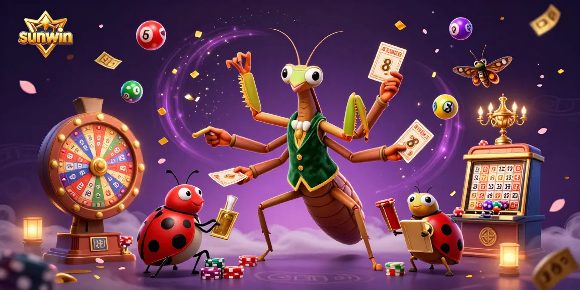 Experience the excitement of sunwin as a giant praying mantis deals cards and celebrates winnings.